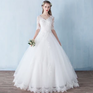 Modest Simple Outdoor Garden Wedding Dresses 2017 Backless Lace Rhinestone V Neck 1 2 Sleeves White Ball Gown Floor Length Long