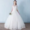 Modest / Simple Outdoor / Garden Wedding Dresses 2017 Backless Lace Rhinestone V-Neck 1/2 Sleeves White Ball Gown Floor-Length / Long