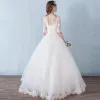 Modest / Simple Outdoor / Garden Wedding Dresses 2017 Backless Lace Rhinestone V-Neck 1/2 Sleeves White Ball Gown Floor-Length / Long