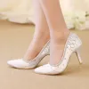 Chic / Beautiful 2017 8 cm / 3 inch White Church Outdoor / Garden Lace Satin Chiffon Rhinestone High Heels Stiletto Heels Pumps Wedding Shoes