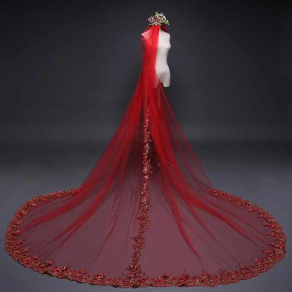 Luxury / Gorgeous Red 2017 Tulle Lace Wedding Appliques Embroidered Wedding Veils