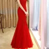 Sexy Trumpet / Mermaid 2017 Red Pearl Pink Red Crossed Straps Ankle Strap Lace Scoop Neck Casual Cocktail Party Evening Party Summer Sleeveless Evening Dresses