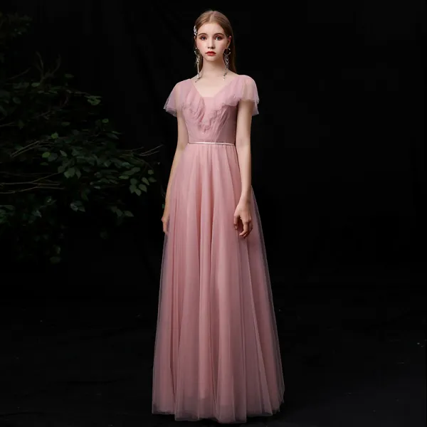 Affordable Blushing Pink Bridesmaid Dresses 2020 A-Line / Princess V-Neck Short Sleeve Backless Sash Floor-Length / Long Ruffle