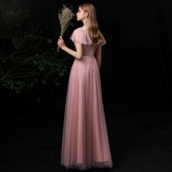 Abordable Rougissant Rose Robe Demoiselle D'honneur 2020 Princesse V-Cou Manches Courtes Dos Nu Ceinture Longue Volants
