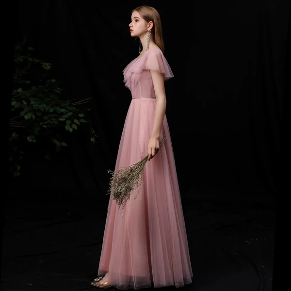 Abordable Rougissant Rose Robe Demoiselle D'honneur 2020 Princesse V-Cou Manches Courtes Dos Nu Ceinture Longue Volants