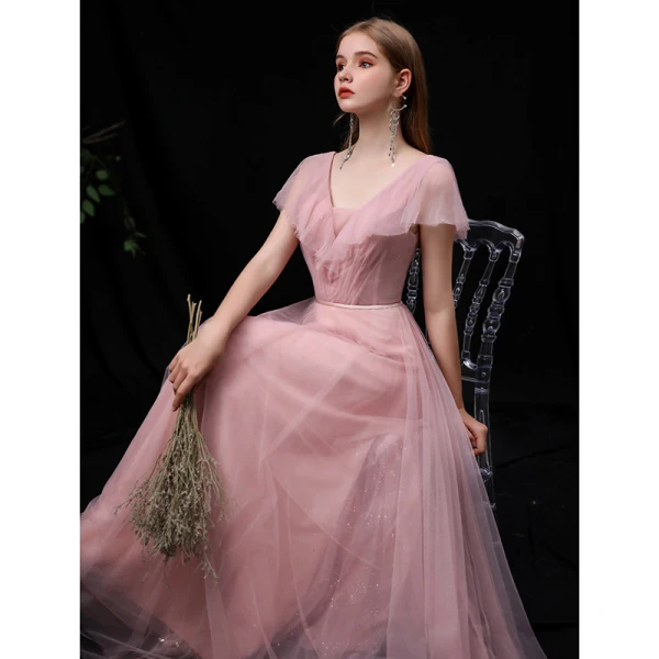 Abordable Rougissant Rose Robe Demoiselle D'honneur 2020 Princesse V-Cou Manches Courtes Dos Nu Ceinture Longue Volants