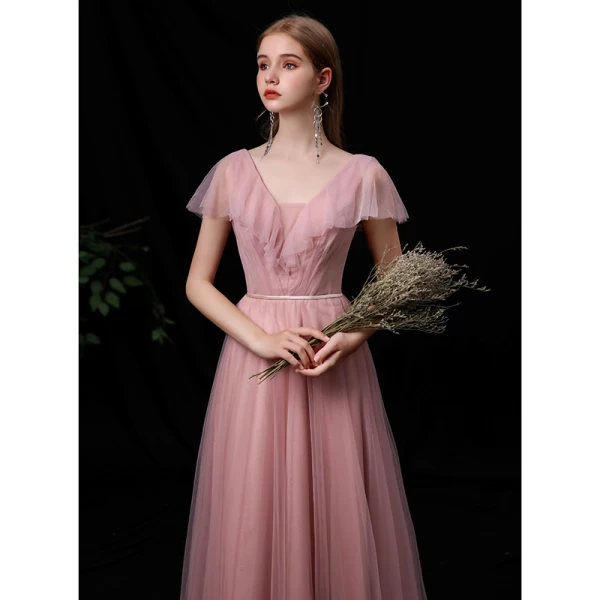Abordable Rougissant Rose Robe Demoiselle D'honneur 2020 Princesse V-Cou Manches Courtes Dos Nu Ceinture Longue Volants
