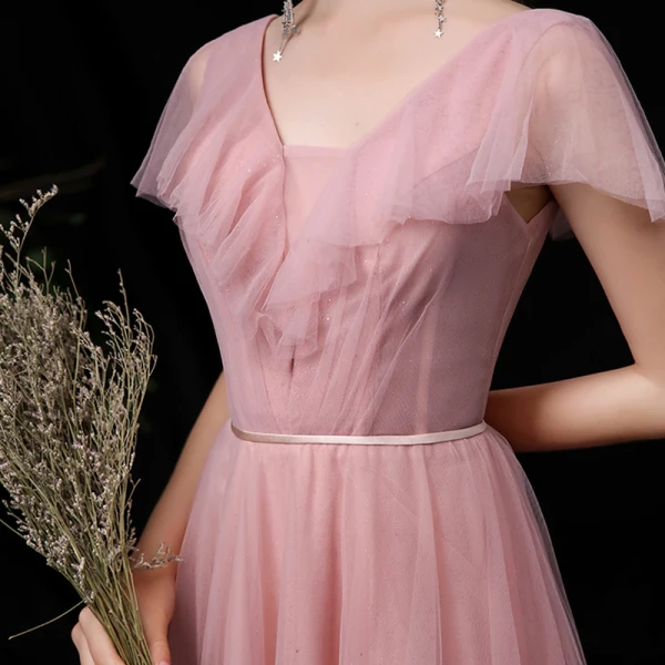 Abordable Rougissant Rose Robe Demoiselle D'honneur 2020 Princesse V-Cou Manches Courtes Dos Nu Ceinture Longue Volants