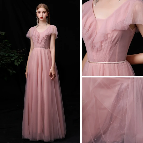 Abordable Rougissant Rose Robe Demoiselle D'honneur 2020 Princesse V-Cou Manches Courtes Dos Nu Ceinture Longue Volants