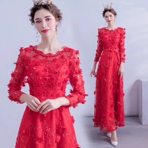 Fée Des Fleurs Rouge Robe De Bal 2020 Princesse Encolure Dégagée 3 4 Manches Appliques En Dentelle Perlage Paillettes Longue Volants Dos Nu Robe De Ceremonie
