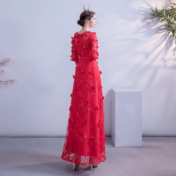 Flower Fairy Red Prom Dresses 2020 A-Line / Princess Scoop Neck 3/4 Sleeve Appliques Lace Beading Sequins Floor-Length / Long Ruffle Backless Formal Dresses