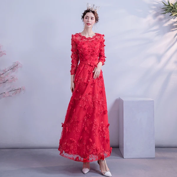 Flower Fairy Red Prom Dresses 2020 A-Line / Princess Scoop Neck 3/4 Sleeve Appliques Lace Beading Sequins Floor-Length / Long Ruffle Backless Formal Dresses