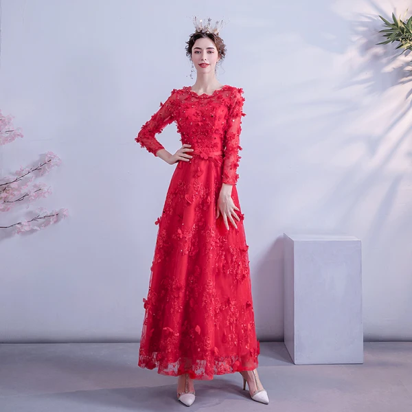 Flower Fairy Red Prom Dresses 2020 A-Line / Princess Scoop Neck 3/4 Sleeve Appliques Lace Beading Sequins Floor-Length / Long Ruffle Backless Formal Dresses