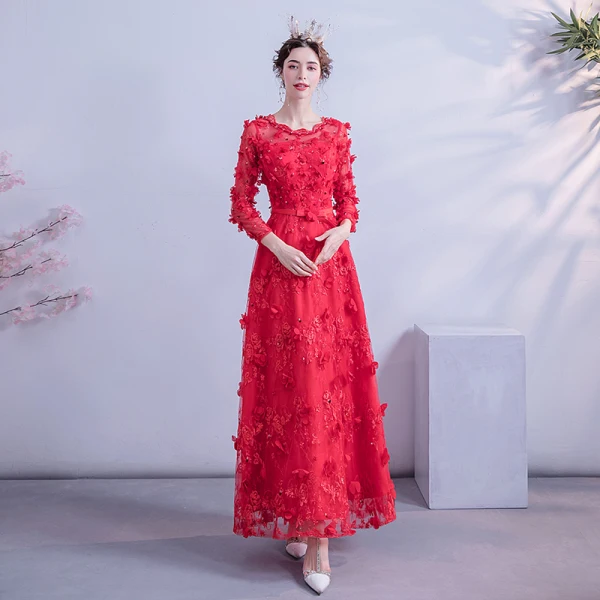 Flower Fairy Red Prom Dresses 2020 A-Line / Princess Scoop Neck 3/4 Sleeve Appliques Lace Beading Sequins Floor-Length / Long Ruffle Backless Formal Dresses