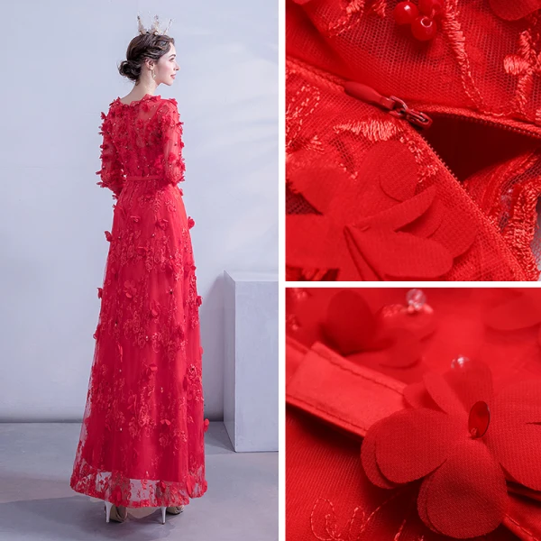 Flower Fairy Red Prom Dresses 2020 A-Line / Princess Scoop Neck 3/4 Sleeve Appliques Lace Beading Sequins Floor-Length / Long Ruffle Backless Formal Dresses