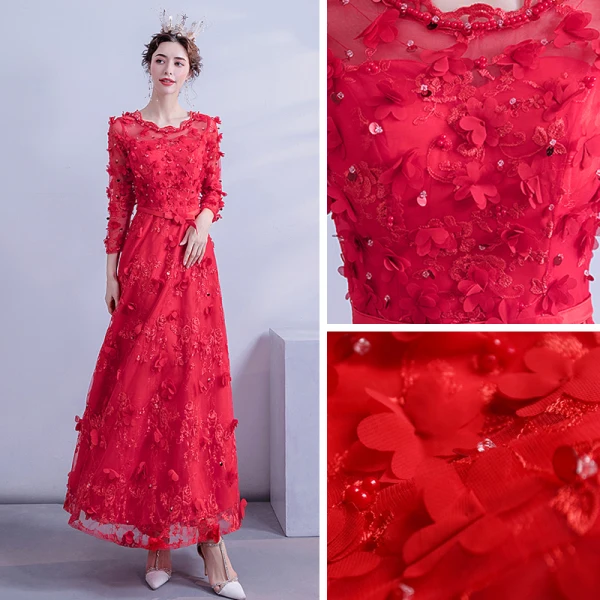 Flower Fairy Red Prom Dresses 2020 A-Line / Princess Scoop Neck 3/4 Sleeve Appliques Lace Beading Sequins Floor-Length / Long Ruffle Backless Formal Dresses