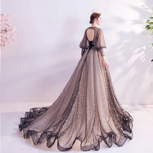 Style Victorien Champagne Noire Transparentes Robe De Soirée 2020 Princesse Encolure Dégagée Gonflée Manches Longues Appliques En Dentelle Perlage Ceinture Glitter