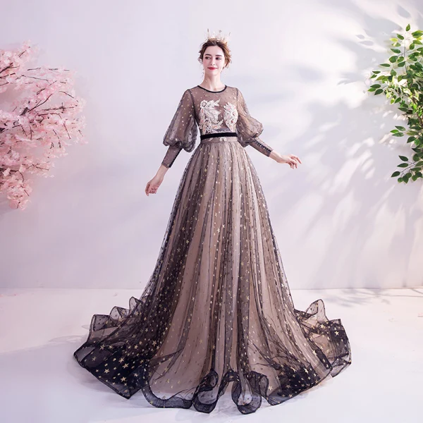 Style Victorien Champagne Noire Transparentes Robe De Soirée 2020 Princesse Encolure Dégagée Gonflée Manches Longues Appliques En Dentelle Perlage Ceinture Glitter
