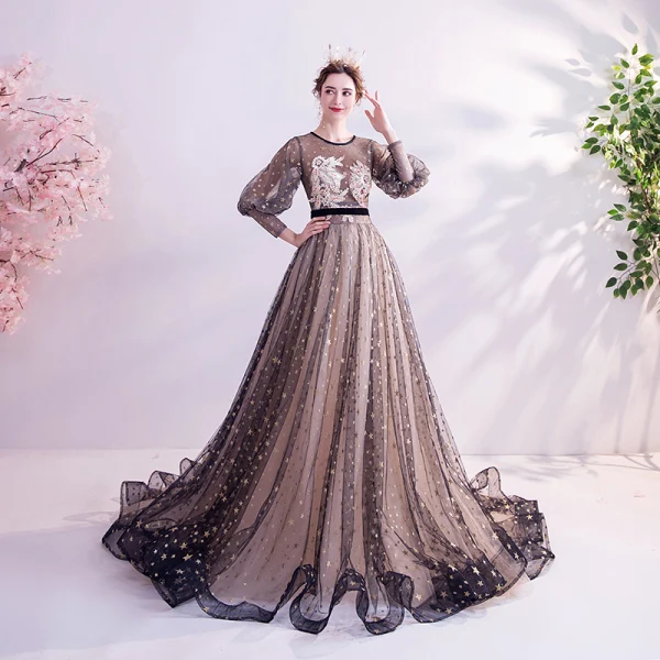 Style Victorien Champagne Noire Transparentes Robe De Soirée 2020 Princesse Encolure Dégagée Gonflée Manches Longues Appliques En Dentelle Perlage Ceinture Glitter