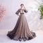 Style Victorien Champagne Noire Transparentes Robe De Soirée 2020 Princesse Encolure Dégagée Gonflée Manches Longues Appliques En Dentelle Perlage Ceinture Glitter