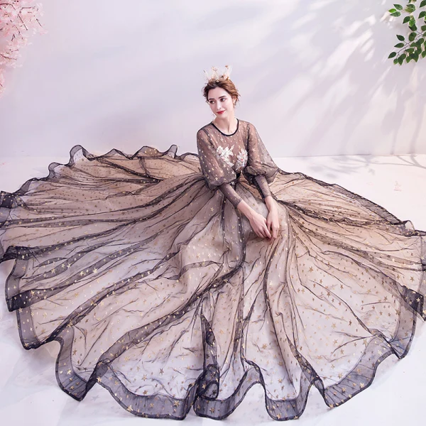 Style Victorien Champagne Noire Transparentes Robe De Soirée 2020 Princesse Encolure Dégagée Gonflée Manches Longues Appliques En Dentelle Perlage Ceinture Glitter