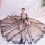 Style Victorien Champagne Noire Transparentes Robe De Soirée 2020 Princesse Encolure Dégagée Gonflée Manches Longues Appliques En Dentelle Perlage Ceinture Glitter