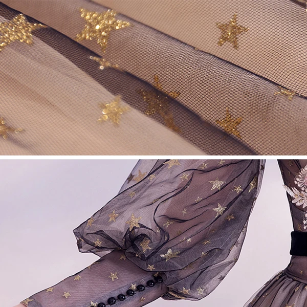 Style Victorien Champagne Noire Transparentes Robe De Soirée 2020 Princesse Encolure Dégagée Gonflée Manches Longues Appliques En Dentelle Perlage Ceinture Glitter