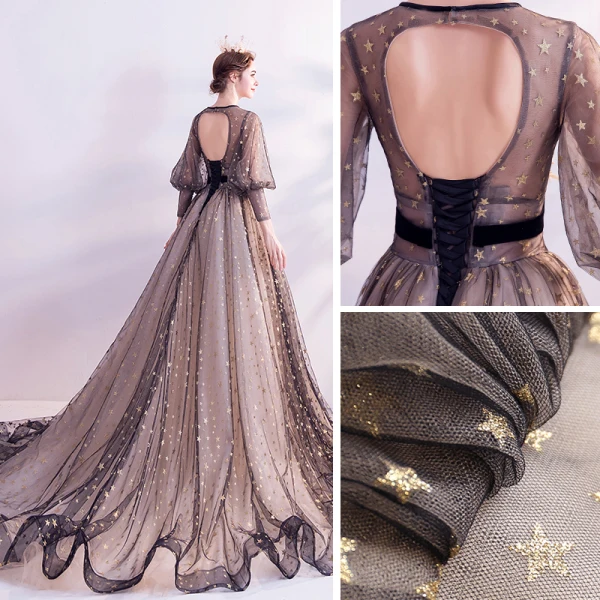 Style Victorien Champagne Noire Transparentes Robe De Soirée 2020 Princesse Encolure Dégagée Gonflée Manches Longues Appliques En Dentelle Perlage Ceinture Glitter