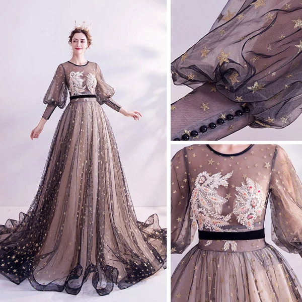 Style Victorien Champagne Noire Transparentes Robe De Soirée 2020 Princesse Encolure Dégagée Gonflée Manches Longues Appliques En Dentelle Perlage Ceinture Glitter
