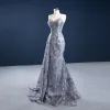 High-end Grey Red Carpet Evening Dresses  2020 Trumpet / Mermaid Spaghetti Straps Sleeveless Appliques Lace Beading Pearl Sweep Train Ruffle Backless