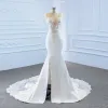 High-end White Satin Bridal Wedding Dresses 2020 Trumpet / Mermaid Deep V-Neck Sleeveless Backless Appliques Lace Beading Split Front Court Train