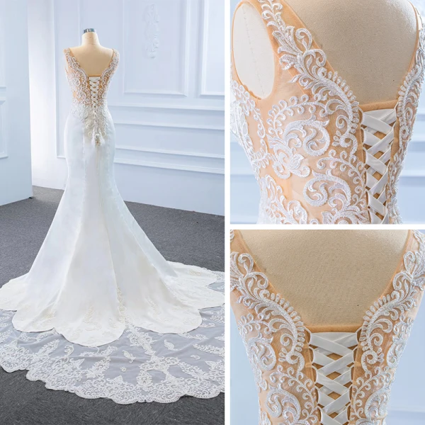 High End Weiß Satin Hochzeits Brautkleider / Hochzeitskleider 2020 Meerjungfrau Tiefer V-Ausschnitt Ärmellos Rückenfreies Applikationen Spitze Perlenstickerei Gespaltete Front Hof-Schleppe