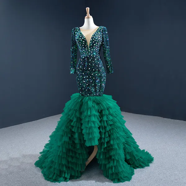 Luxury / Gorgeous Dark Green Red Carpet Evening Dresses  2020 Trumpet / Mermaid See-through Deep V-Neck Long Sleeve Rhinestone Sequins Sweep Train Cascading Ruffles Backless Formal Dresses