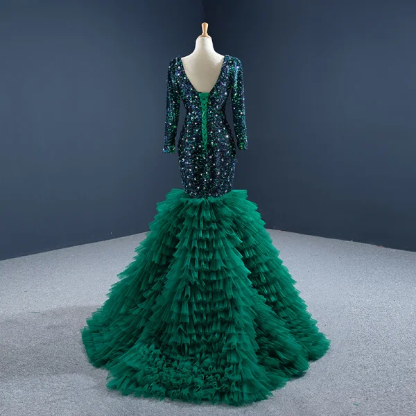 Luxe Vert Foncé Tapis rouge Robe De Soirée 2020 Trompette / Sirène Transparentes Col v profond Manches Longues Faux Diamant Paillettes Train De Balayage Volants en Cascade Dos Nu Robe De Ceremonie