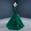 Luxe Vert Foncé Tapis rouge Robe De Soirée 2020 Trompette / Sirène Transparentes Col v profond Manches Longues Faux Diamant Paillettes Train De Balayage Volants en Cascade Dos Nu Robe De Ceremonie