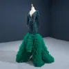Luxury / Gorgeous Dark Green Red Carpet Evening Dresses  2020 Trumpet / Mermaid See-through Deep V-Neck Long Sleeve Rhinestone Sequins Sweep Train Cascading Ruffles Backless Formal Dresses