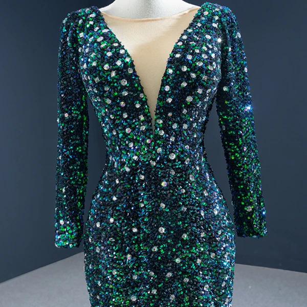 Luxe Vert Foncé Tapis rouge Robe De Soirée 2020 Trompette / Sirène Transparentes Col v profond Manches Longues Faux Diamant Paillettes Train De Balayage Volants en Cascade Dos Nu Robe De Ceremonie
