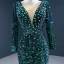 Luxe Vert Foncé Tapis rouge Robe De Soirée 2020 Trompette / Sirène Transparentes Col v profond Manches Longues Faux Diamant Paillettes Train De Balayage Volants en Cascade Dos Nu Robe De Ceremonie