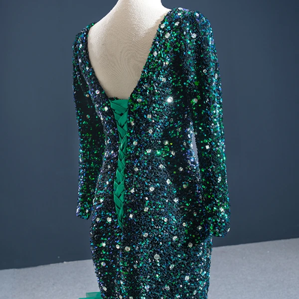 Luxe Vert Foncé Tapis rouge Robe De Soirée 2020 Trompette / Sirène Transparentes Col v profond Manches Longues Faux Diamant Paillettes Train De Balayage Volants en Cascade Dos Nu Robe De Ceremonie