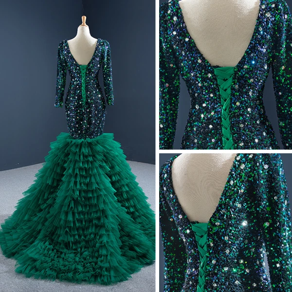 Luxe Vert Foncé Tapis rouge Robe De Soirée 2020 Trompette / Sirène Transparentes Col v profond Manches Longues Faux Diamant Paillettes Train De Balayage Volants en Cascade Dos Nu Robe De Ceremonie
