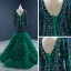 Luxe Vert Foncé Tapis rouge Robe De Soirée 2020 Trompette / Sirène Transparentes Col v profond Manches Longues Faux Diamant Paillettes Train De Balayage Volants en Cascade Dos Nu Robe De Ceremonie