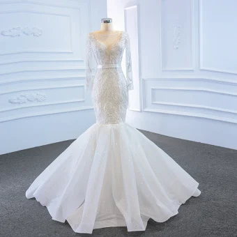 High End White See Through Bridal Wedding Dresses 2020 Trumpet Mermaid Scoop Neck Long Sleeve Backless Sash Appliques Lace Beading Glitter Tulle