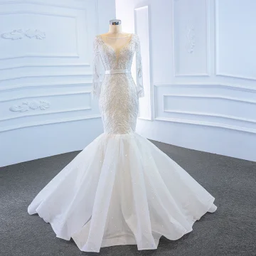 Haut De Gamme Blanche Transparentes La Mariée Robe De Mariée 2020 Trompette Sirène Encolure Dégagée Manches Longues Dos Nu Ceinture Appliques En Dentelle Perlage Glitter Tulle