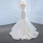 High End Weiß Durchsichtige Hochzeits Brautkleider / Hochzeitskleider 2020 Meerjungfrau Rundhalsausschnitt Lange Ärmel Rückenfreies Stoffgürtel Applikationen Spitze Perlenstickerei Glanz Tülle