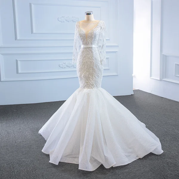 High End Weiß Durchsichtige Hochzeits Brautkleider / Hochzeitskleider 2020 Meerjungfrau Rundhalsausschnitt Lange Ärmel Rückenfreies Stoffgürtel Applikationen Spitze Perlenstickerei Glanz Tülle