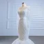 High End Weiß Durchsichtige Hochzeits Brautkleider / Hochzeitskleider 2020 Meerjungfrau Rundhalsausschnitt Lange Ärmel Rückenfreies Stoffgürtel Applikationen Spitze Perlenstickerei Glanz Tülle
