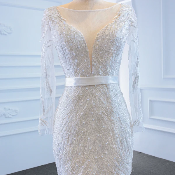 High End Weiß Durchsichtige Hochzeits Brautkleider / Hochzeitskleider 2020 Meerjungfrau Rundhalsausschnitt Lange Ärmel Rückenfreies Stoffgürtel Applikationen Spitze Perlenstickerei Glanz Tülle