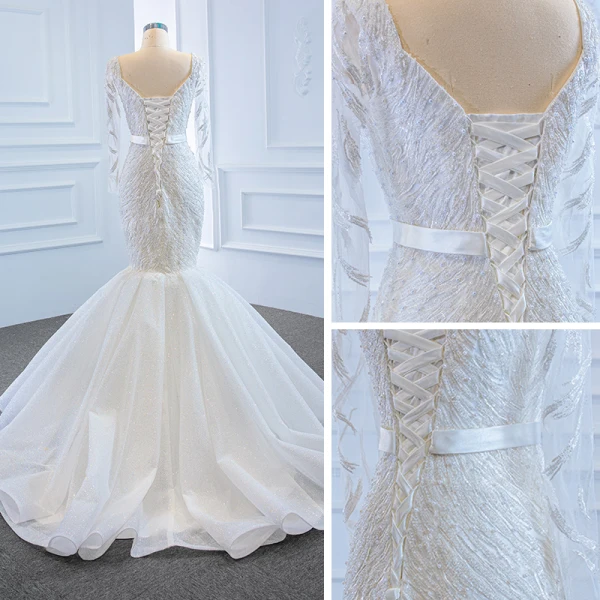 High End Weiß Durchsichtige Hochzeits Brautkleider / Hochzeitskleider 2020 Meerjungfrau Rundhalsausschnitt Lange Ärmel Rückenfreies Stoffgürtel Applikationen Spitze Perlenstickerei Glanz Tülle