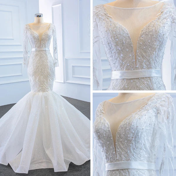 High End Weiß Durchsichtige Hochzeits Brautkleider / Hochzeitskleider 2020 Meerjungfrau Rundhalsausschnitt Lange Ärmel Rückenfreies Stoffgürtel Applikationen Spitze Perlenstickerei Glanz Tülle