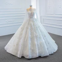 Luxury / Gorgeous White See-through Bridal Wedding Dresses 2020 Ball Gown Scoop Neck Long Sleeve Backless Appliques Flower Handmade  Beading Sweep Train Ruffle